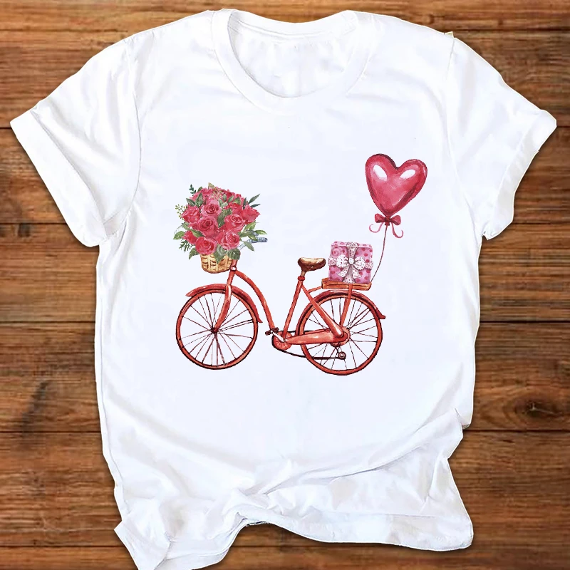 

2021 Romantic Vintage Bicycle Flower T-Shirt Vouge Women Short Sleeve Old Bikes Pattern White Casual Tops Valentine's Day Female