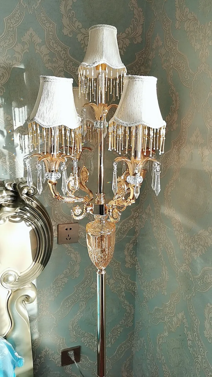 Modern luxury led crystal Floor Lighting Gold Led candle holder floor lamp Cloth shade 5 pcs E14 wedding Crystal candlestick|Напольные