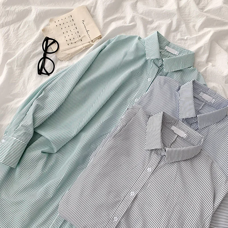 

Women's Shirt 2021 Spring New Single Breasted Long Sleeves TOP Vintage Casual Fashion Baggy Femme Stripe Lapel Blouse