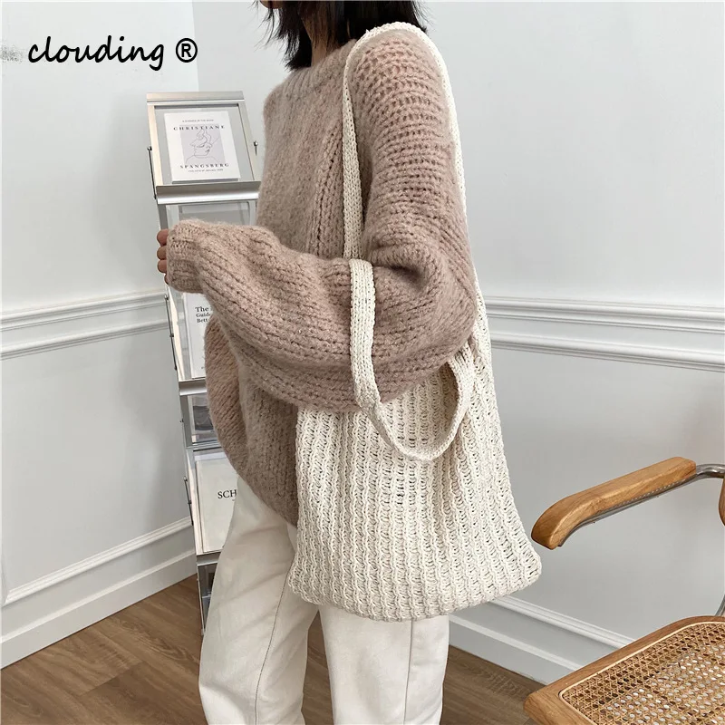 Bolsa de Compras para as Mulheres lã de Malha Nova Ombro Moda Vintage Algodão Pano Meninas Tote Shopper Bolsa Grande Feminina 2021