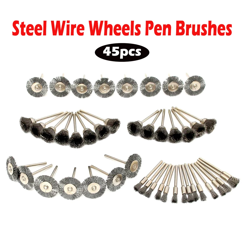 

45pcs 5/15/25mm Steel Wire Wheels Pen Brushes Set Polish Wheel Derusting Drill Rotary Tool for Clean Polish