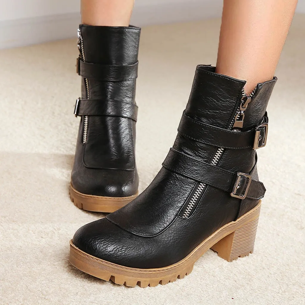 

Women Ankle Boots Platform Vulcanized Locomotive Autumn Female Side Zipper Double Belt Casual Square Heel Shoes Ladies Fashion