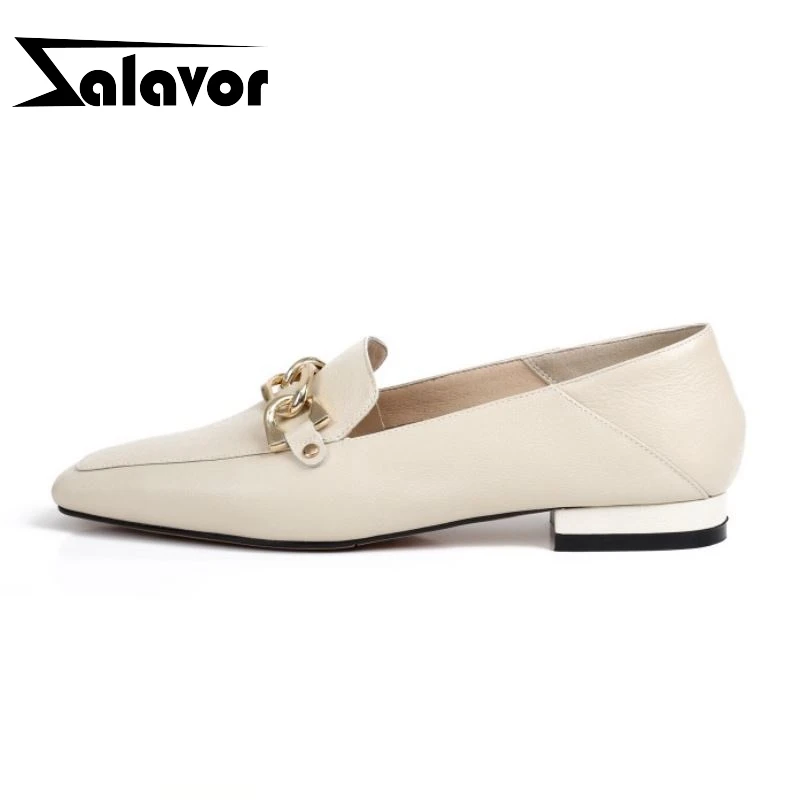 

ZALAVOR из натуральной кожи Женская обувь на плоской подошве модная цепочка с квадратным носком; Весенние туфли для женщин; Повседневные офисн...