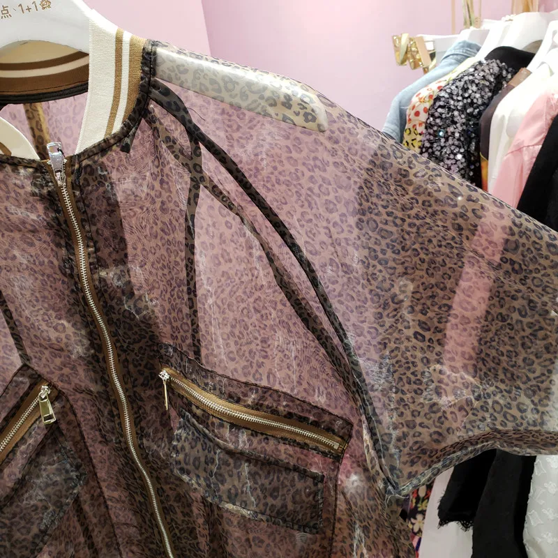 

2021 Spring and Summer Zipper Cardigan European Women's Leopard Print Perspective Organza New Female Sun Protection Clothing