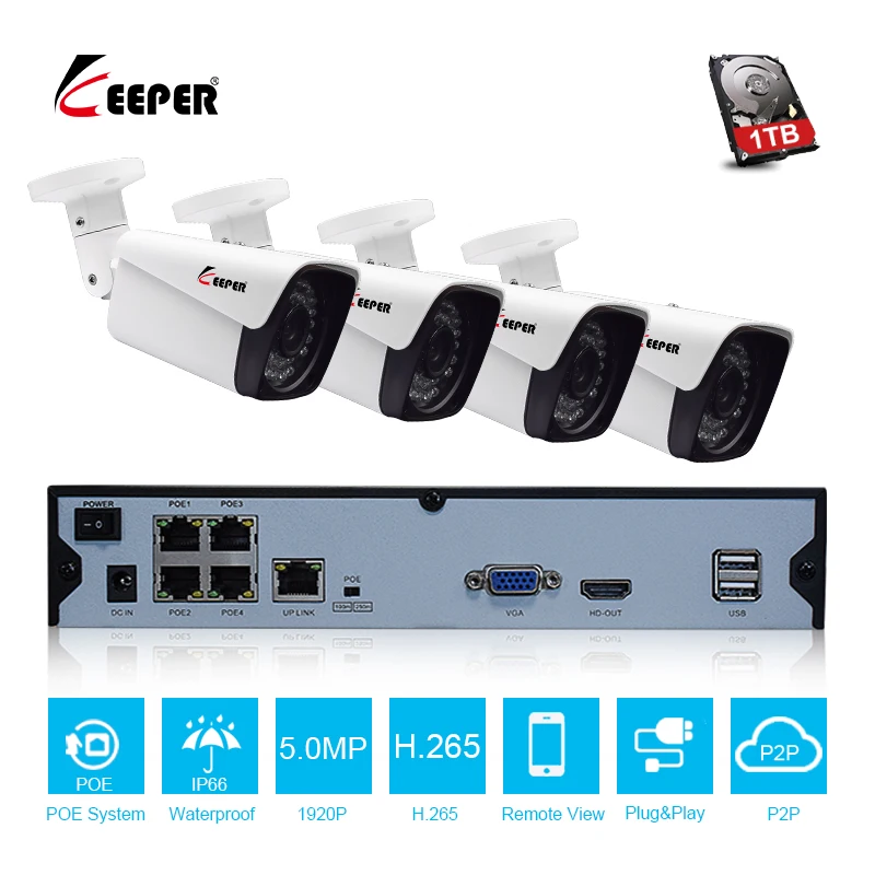 Хранитель H.265 5MP 4CH POE камера NVR комплект с 4 шт. ip-камеры с питанием по POE открытый сетевой кабель комплект системы наблюдения NVR комплект
