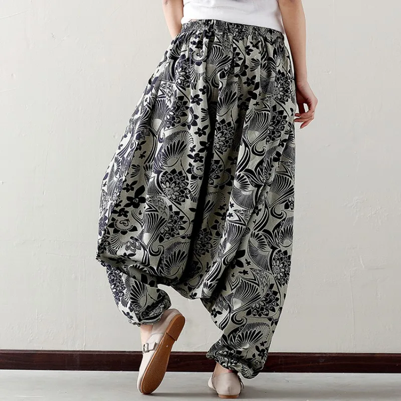 

Folk Women Floral Printed Drop Crotch Harem Pants Vintage Elastic Cotton Linen Loose Fit Baggy Pants Casual Bloomers Trousers