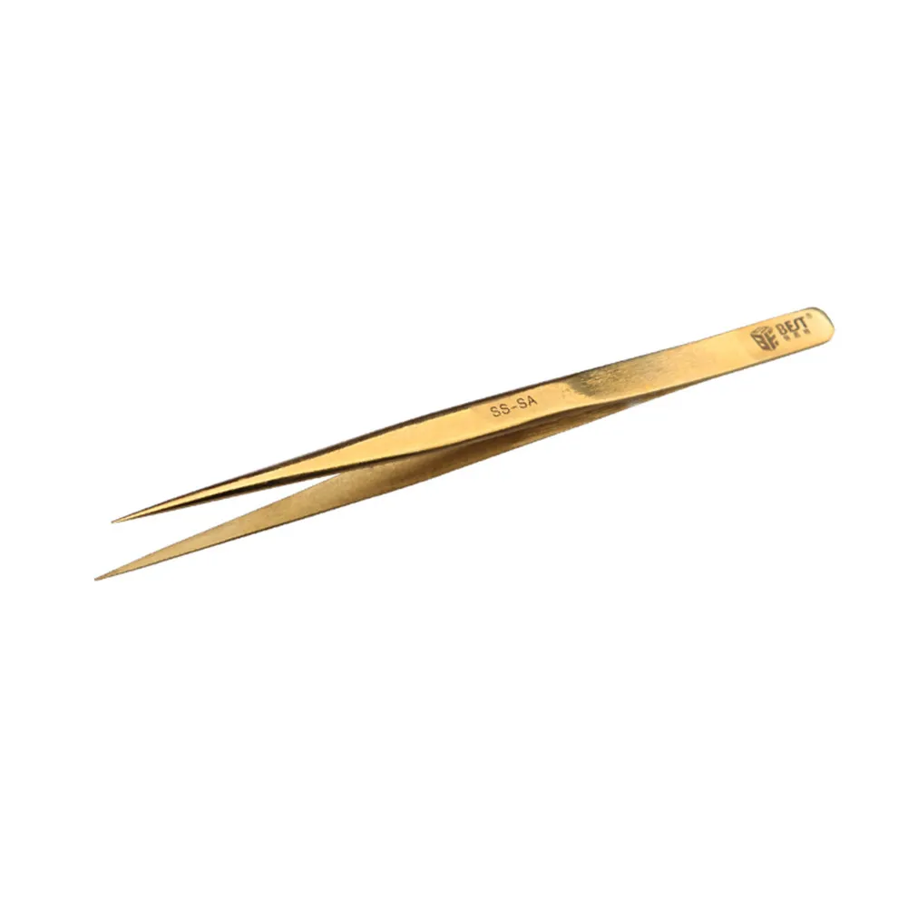 

BST-SS-SA Gold-plated Stainless Steel Tweezers Wear-resistant Tweezers Anti-static Curved Straight Tip Precision Forceps Repair