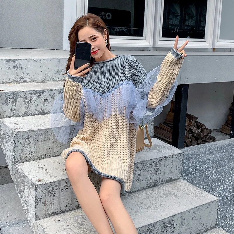 

Casual Women's Knitted Sweaters 2021 Spring and Autumn New Lace Stitching Knitted Sweaters Design Sense for Ladies