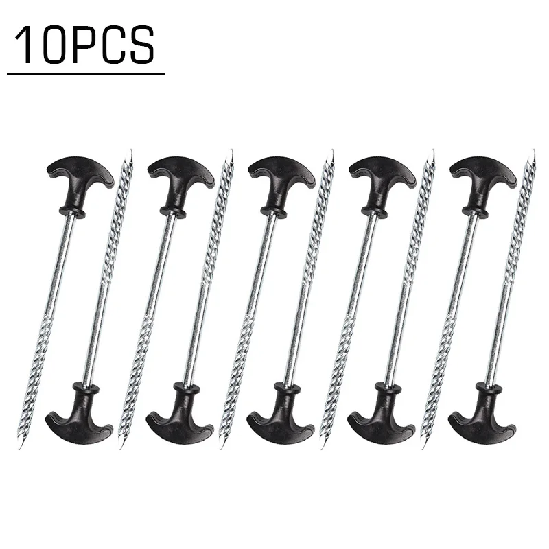 

10pcs Hooks Tent Pegs Screw 20cm Steel Stakes Heavy Duty Awning Elements Moisture Pads Nails Outdoor Camping Hiking Accessories