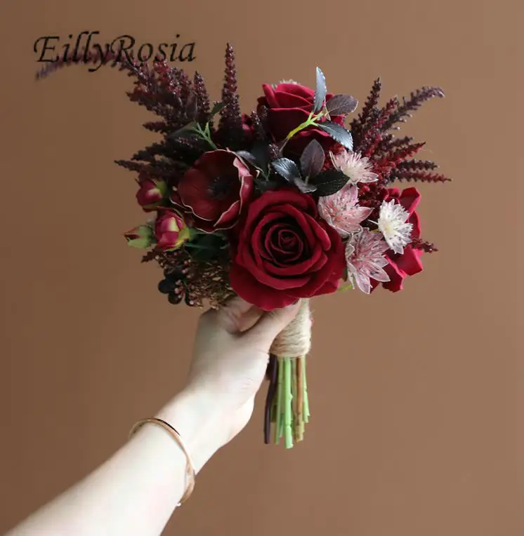 

Женский свадебный букет EillyRosia, темно-красный букет невесты из искусственных цветов, свадебный аксессуар