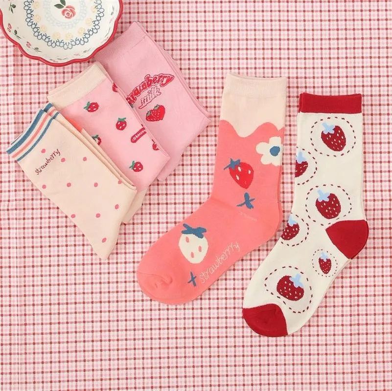 Весна Осень кавайные розовые носки женские с мультяшными клубничками забавные