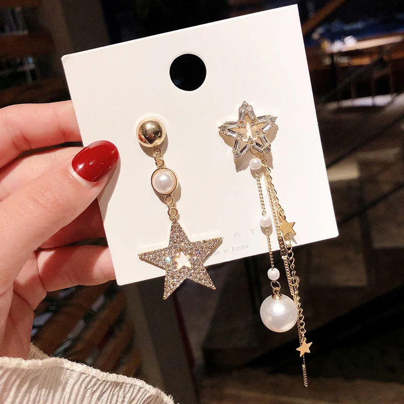 

Pentagram Earrings Asymmetric Stone Star Tassel Vintage Stud