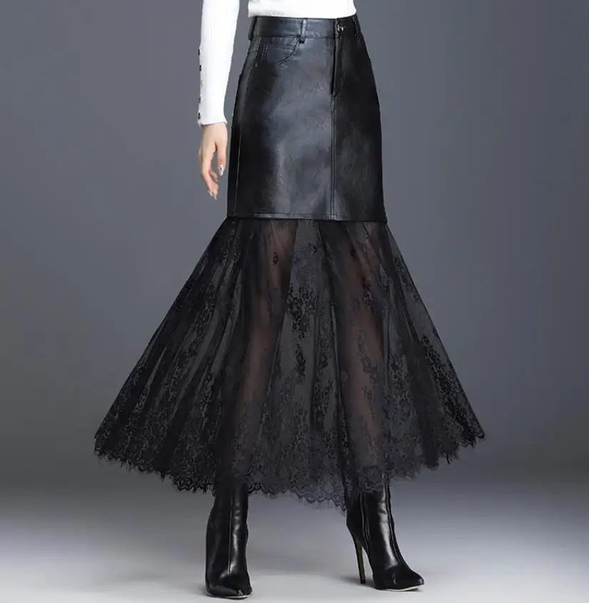 

Lace stitching skirt female PU leather long skirt high waist sexy skirt women