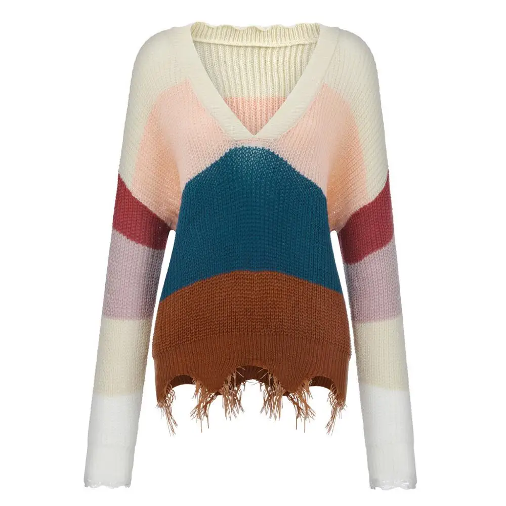 Женский трикотажный пуловер с V-образным вырезом на осень/зиму | Женская одежда