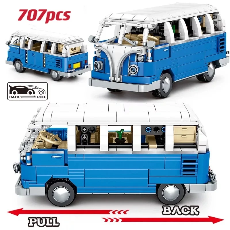 

707PCS City technical Pull Back Classic Bus Car Building Blocks DIY MOC Mechanic School Bus Vehicle Bricks Toys For Children