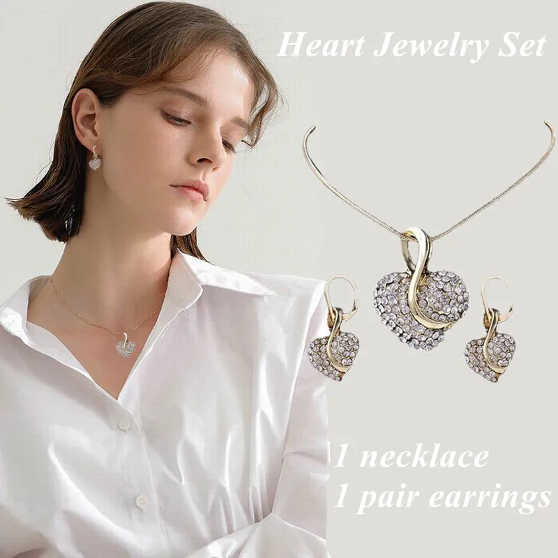 

New Necklace Earings Fashion Women Dress Heart Jewelry Accessories Fine Vintage Crystal Bridal Jewelry Sets