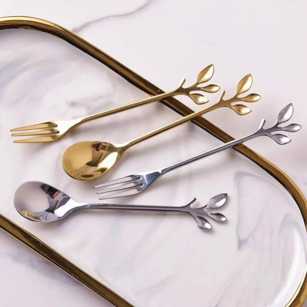 Ложка и вилка в форме листа из нержавеющей стали маленькая чайная ложка