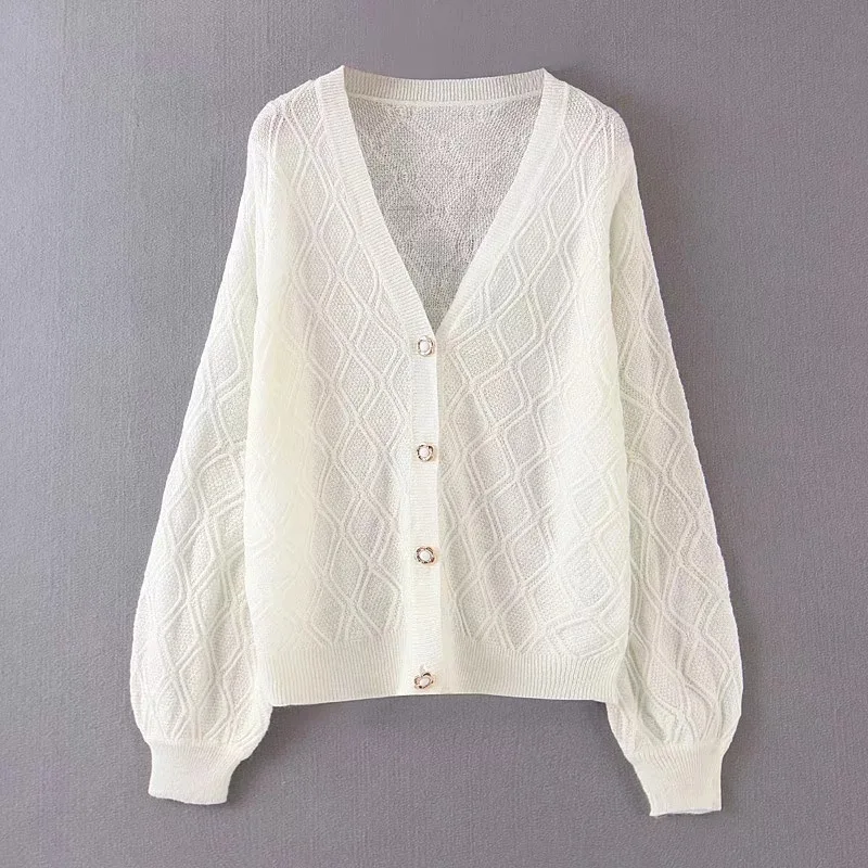 

Fashion Women Mohair Loose Cardigans Solid Color Lantern Sleeves Autumn Designer V-neck Single Breasted Sweaters Knitted Coats