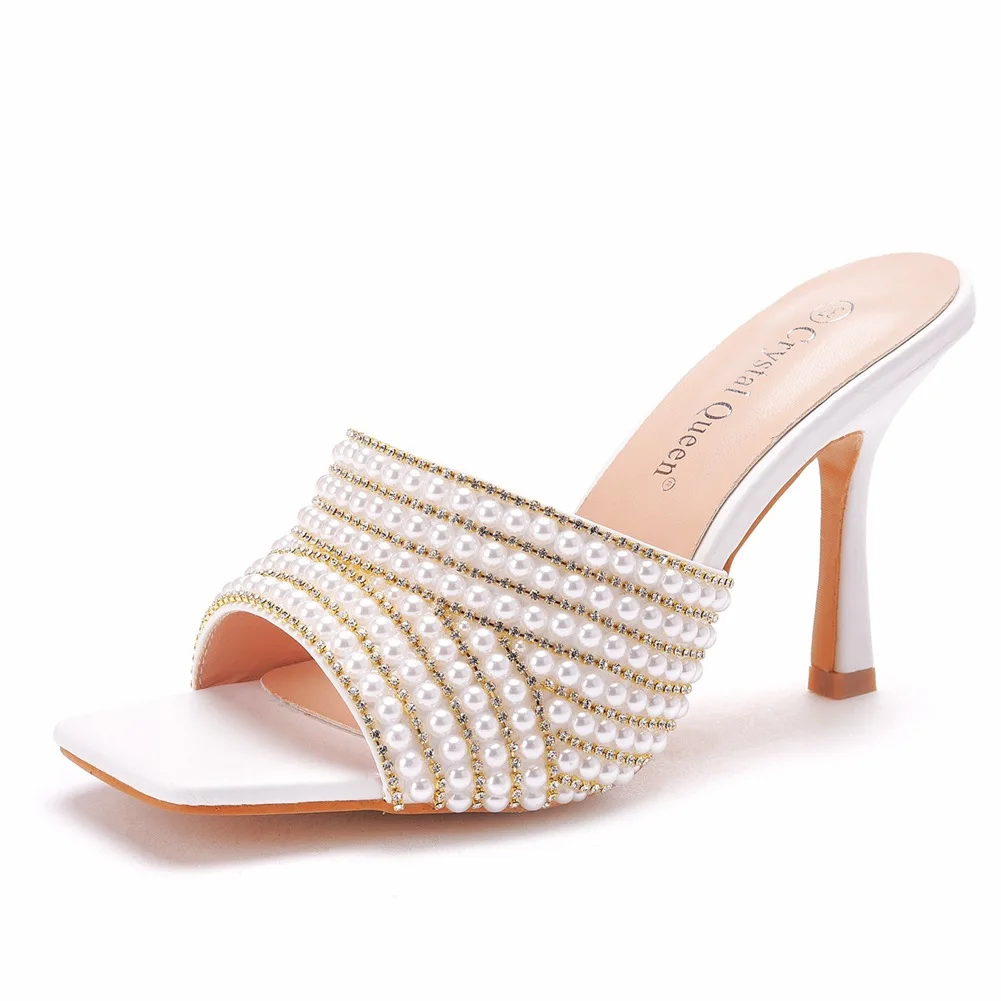 

High-Heeled Shoes Lady Peep Toe Ladies' Slippers Shallow String Bead Thin Square Slides PU Scandals Fretwork Rubber Super
