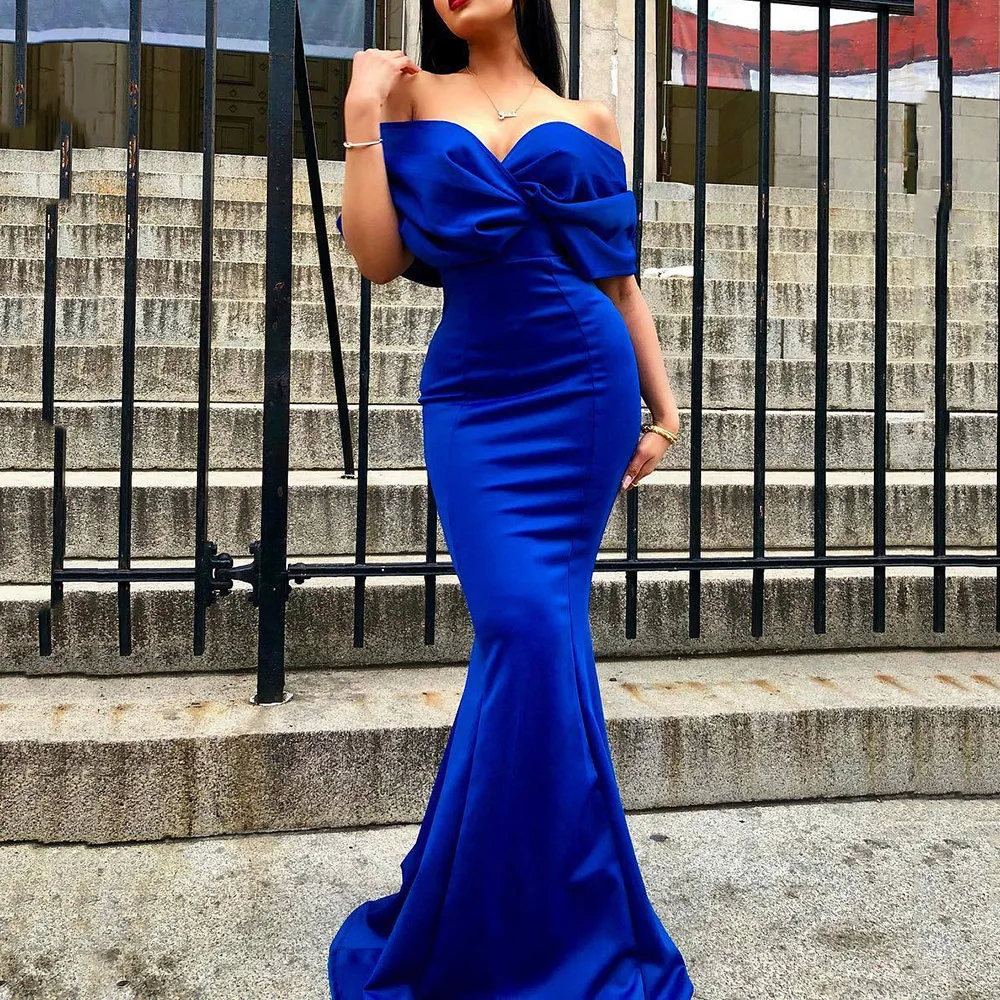 Синее элегантное вечернее платье сексуальное с открытыми плечами v образный