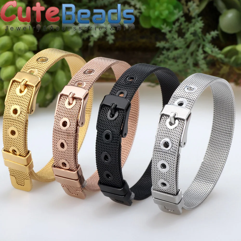 

8/10/12/14/16 /18mm Silver color/Black Female Stainless Steel Charm Mesh Bracelet Simple Adjustable Bracelet Jewelry Making DIY