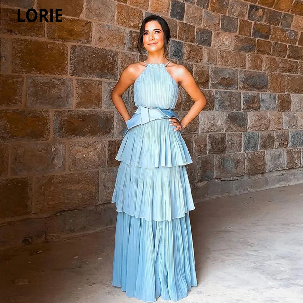 

Lorie 2021 Light Blue Satin Ruffles Long Prom Dress Halter Neck Width Sash Tiered Skirt Floor Length Evening Party Gowns