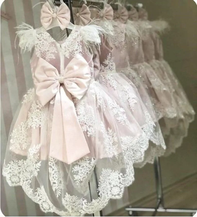 

Puffy Tulle Applique Infant Girl Party Dresses Kids Layers Flower Girl Dresses Bow Knot Princess Dress New Year Birthday