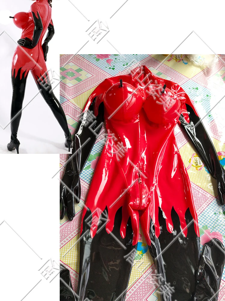 Мужской латексный костюм кошки черного и красного цвета с надувной грудной