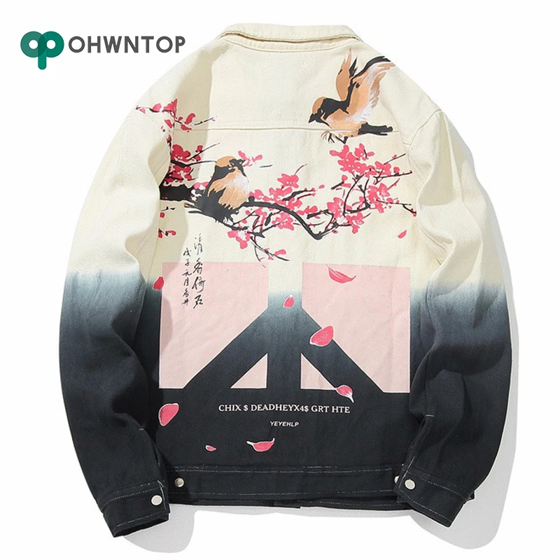 Хип Хоп Уличная джинсовая куртка для мужчин с цветком птичка джинсовое пальто