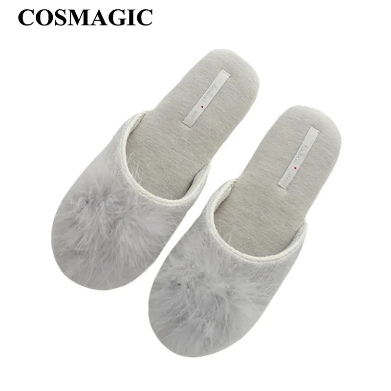 Новинка 2019 зимние женские домашние тапочки COSMAGIC с перьями и шариками домашний