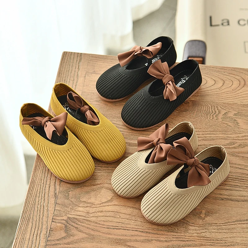 

Autumn Baby Girl Anti-Slip Casual Walking Shoes Bowknot Design Soft Soled Princess Sneakers Knit Crib Shoes