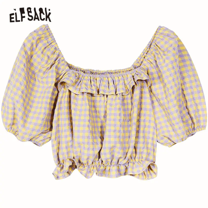 

ELFSACK Yellow Plaid British Casual Ruffle Blouse Women 2020 Summer ELF Puff Sleeve Korean Girly Daily Off-Shoulder Crop Tops