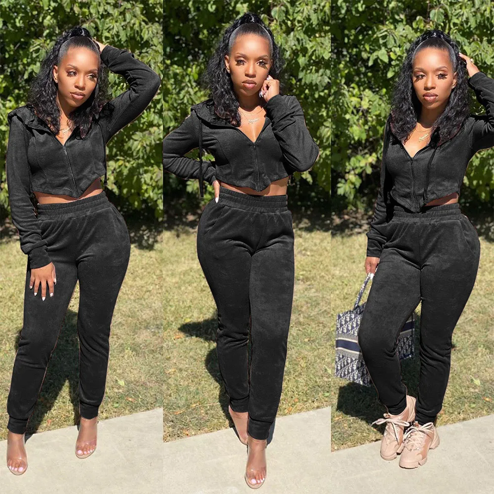 

Женский спортивный костюм Tmustobe, зимний однотонный комплект из 2 предметов, Модный укороченный топ с капюшоном и узкие штаны для бега с высок...