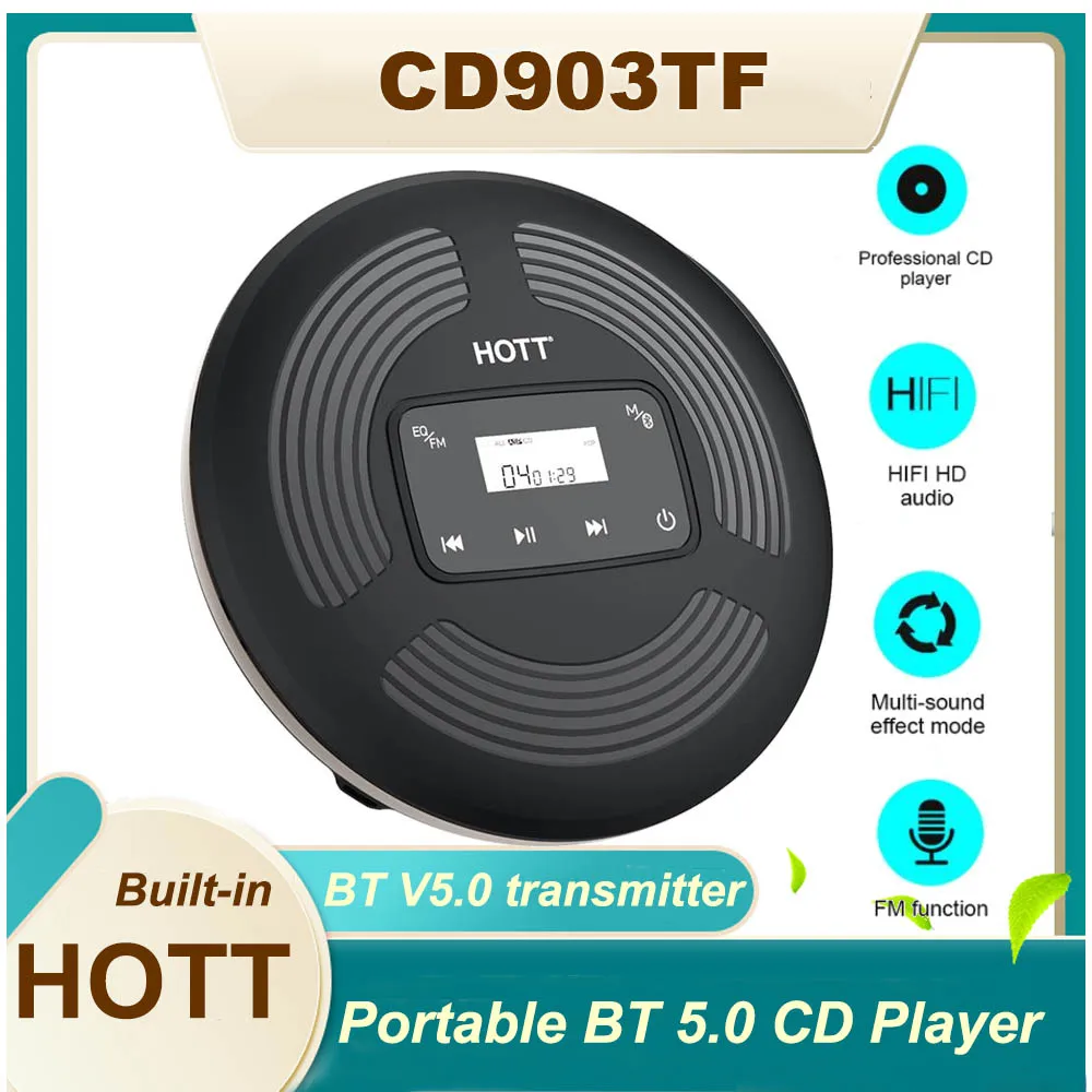 

HOTT CD903TF Portable CD Player FM Transmitter Bluetooth 5.0 1800mAh Battery Touch Backlight Display Player for Home Travel Car