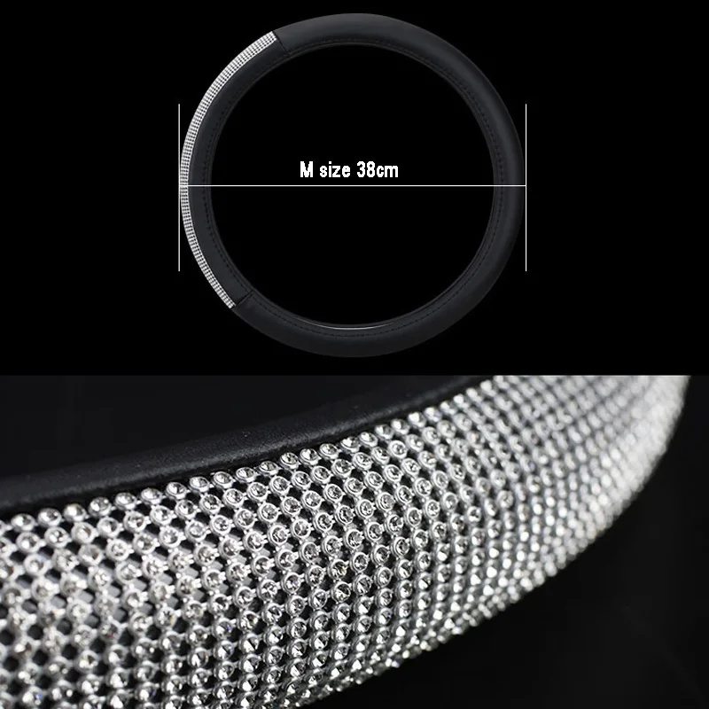 

Diamond Leather Steering Wheel Cover Crystal Rhinestones Car Steering-wheel Covers for Women Girls Auto Interior Accessories