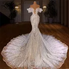 Lowime Роскошные Длинные вечерние платья из Дубая с перьями с открытыми плечами вечерние платья ручной работы с жемчугом халаты арабское платье-Русалка для выпускного вечера