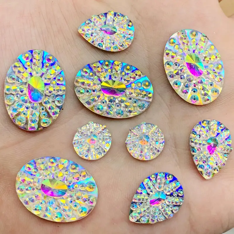 Круглые и капли воды и овальные ювелирные изделия Bling Crystal AB смолы Стразы Flatback Камень Кабошон DIY Свадебные украшения Одежда ремесла