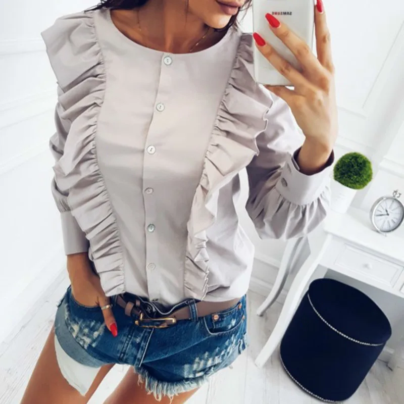 Офисные женские рубашки элегантные с длинным рукавом и круглым вырезом