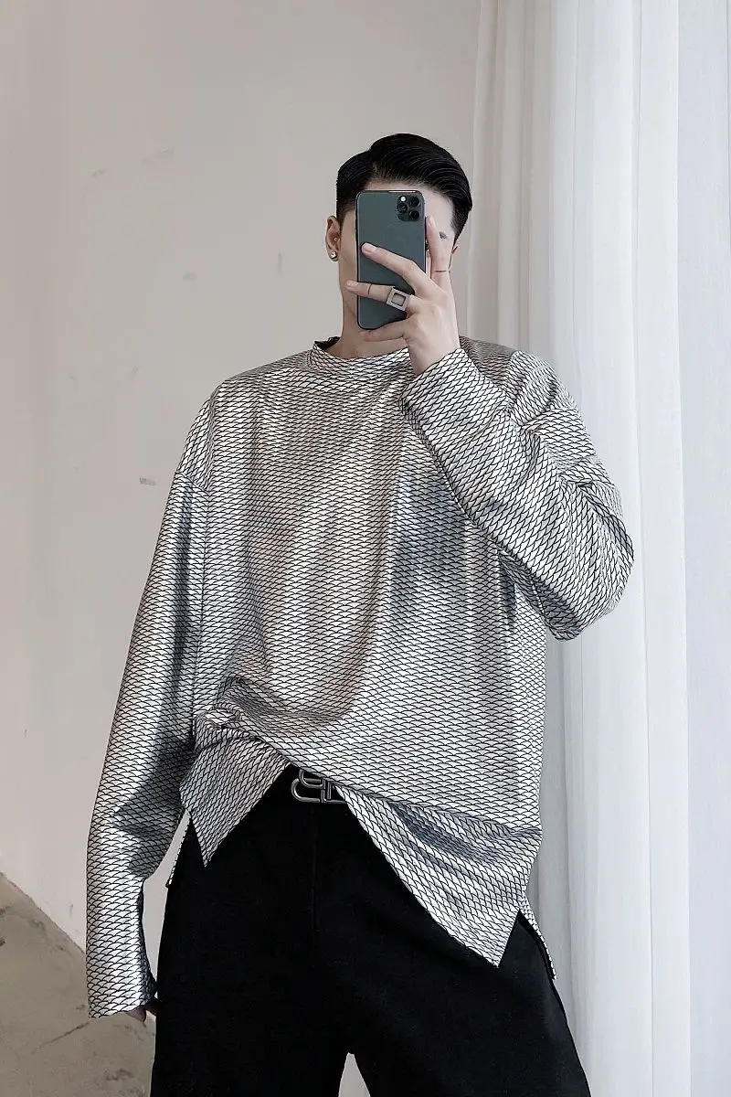 

IEFB / men's wear Design tide fashionable Silver fashion cool black round neck long sleeve tops 2021 spring new 9Y3276