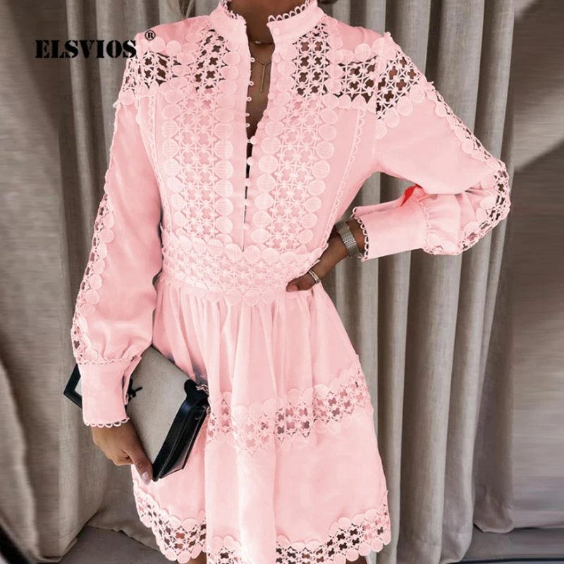 

Женское кружевное платье в стиле пэчворк, элегантное однотонное ажурное платье с V-образным вырезом, весна-осень 2022