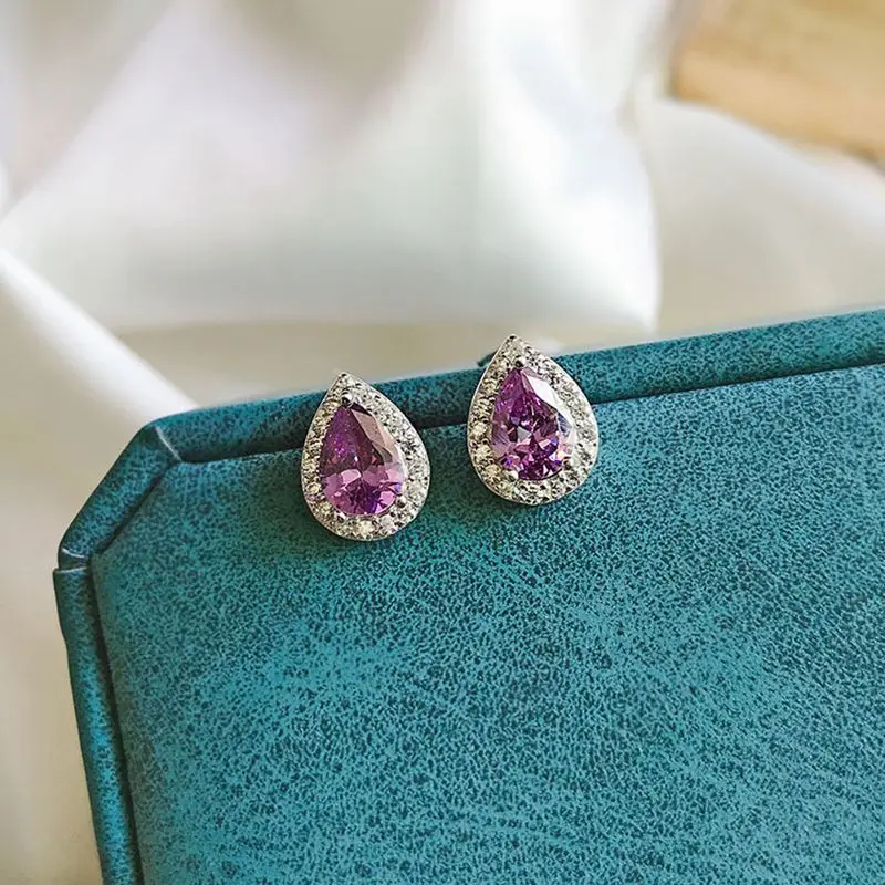 

OEKDFN Real 925 Sterling Silver Earrings Water Drop Amethyst Gemstone Romantic Cute Ear Studs/Earrings For Women Fine Jewelry
