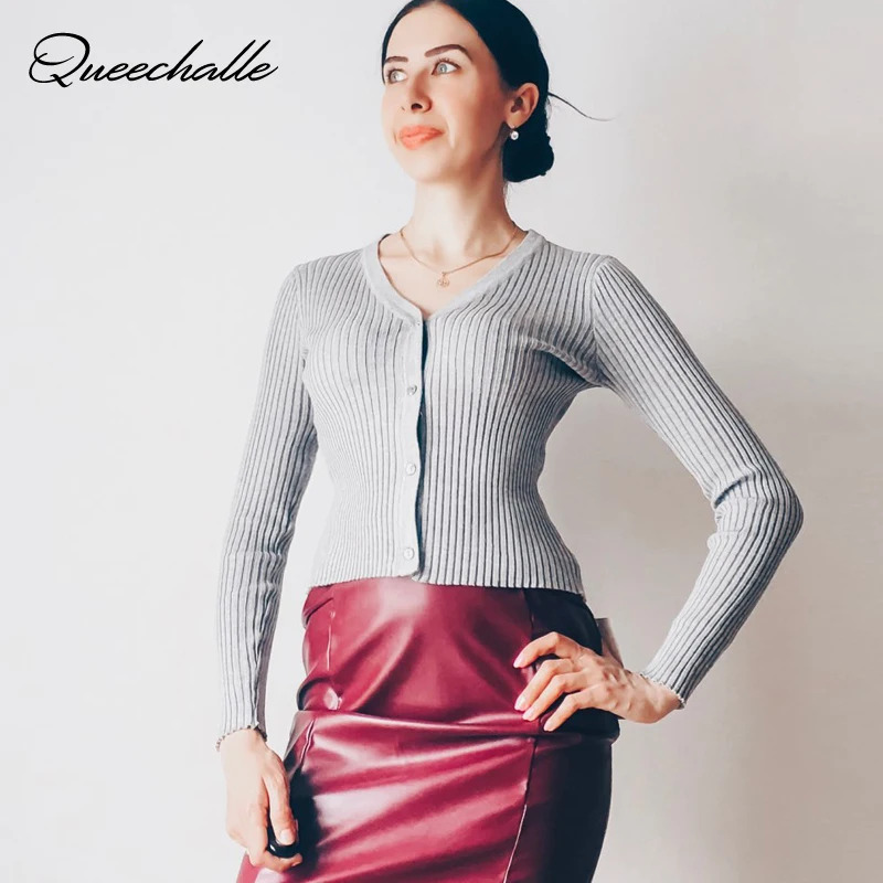 Queechalle, 13 цветов, новинка, Осенний вязаный кардиган, женский короткий свитер с v-образным вырезом и длинным рукавом, пальто, женская Повседневная тонкая верхняя одежда