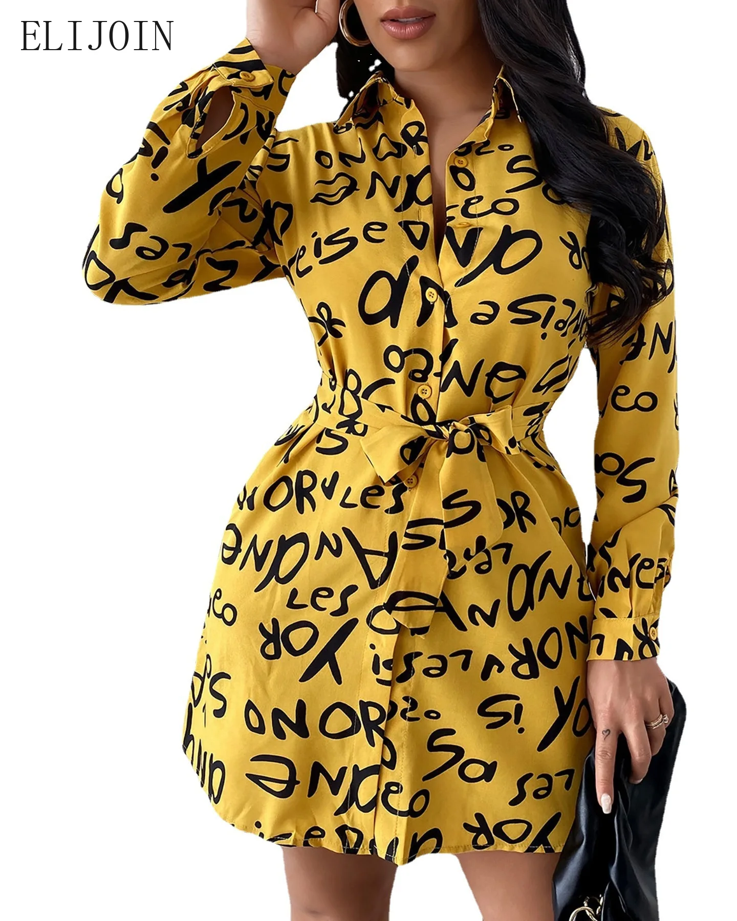 

ELIJOIN2021 autumn new l temperament printed cardigan lapel loose shirt dress.