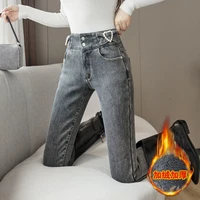 fleece jeans womens high waist stretch slimming feet pants womens spring and autumn tight pencil pants trousers