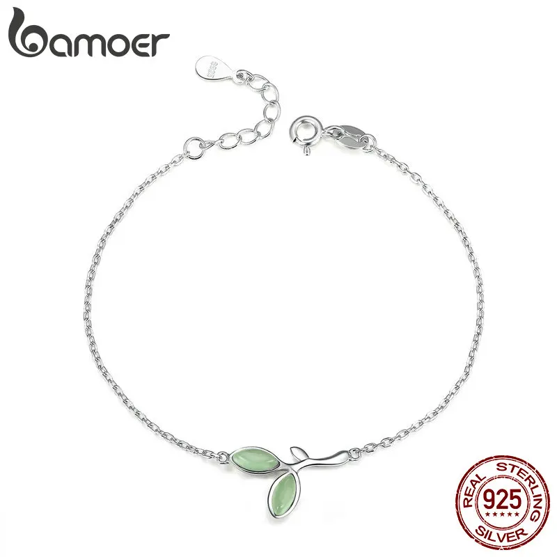 BAMOER, 925 пробы, серебро, надеюсь, зеленое дерево, листья, почки, эмаль, женские браслеты на цепочке, для женщин, Стерлинговое Серебро, ювелирное изделие SCB112