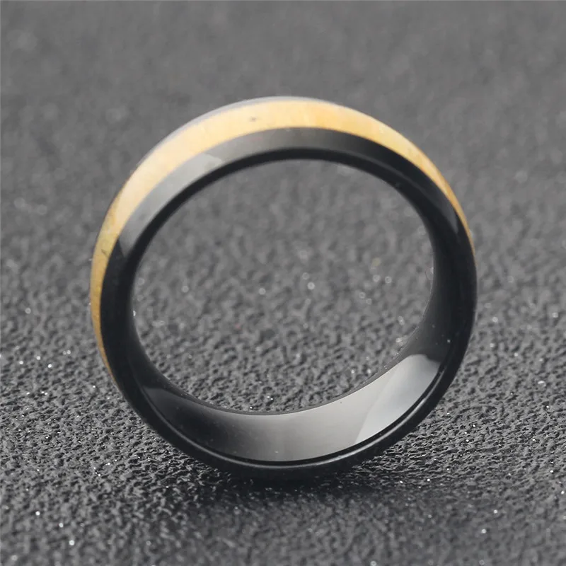 

NHGBFT 8mm Wide Black Stainless steel Ring Wood Design Wedding ring Casual Jewelry