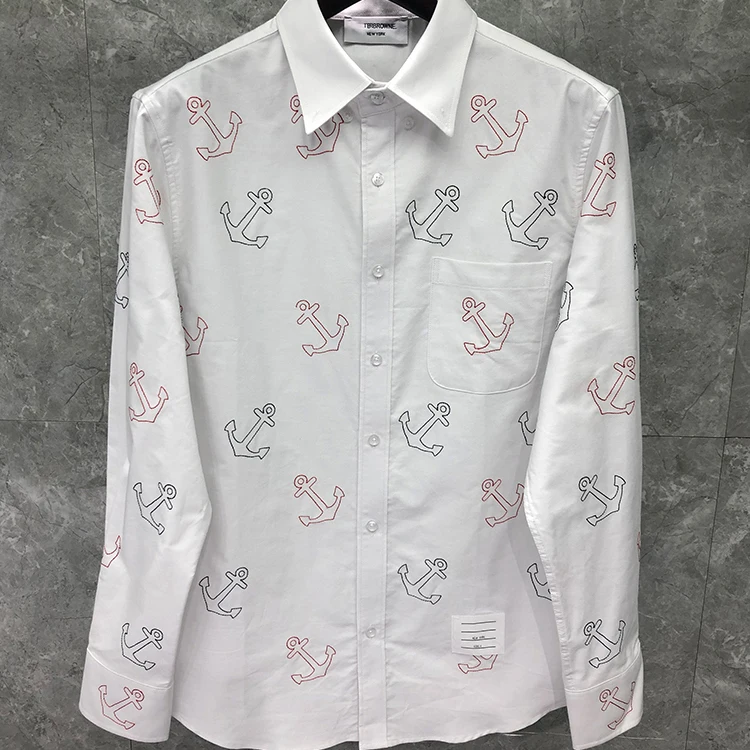 

TB 2021 Fashion THOM Brand Shirts Summer Men Slim Long Sleeve Casual Shirt Turn Down Collar Oxford Anchor Pattern Men's Clothing