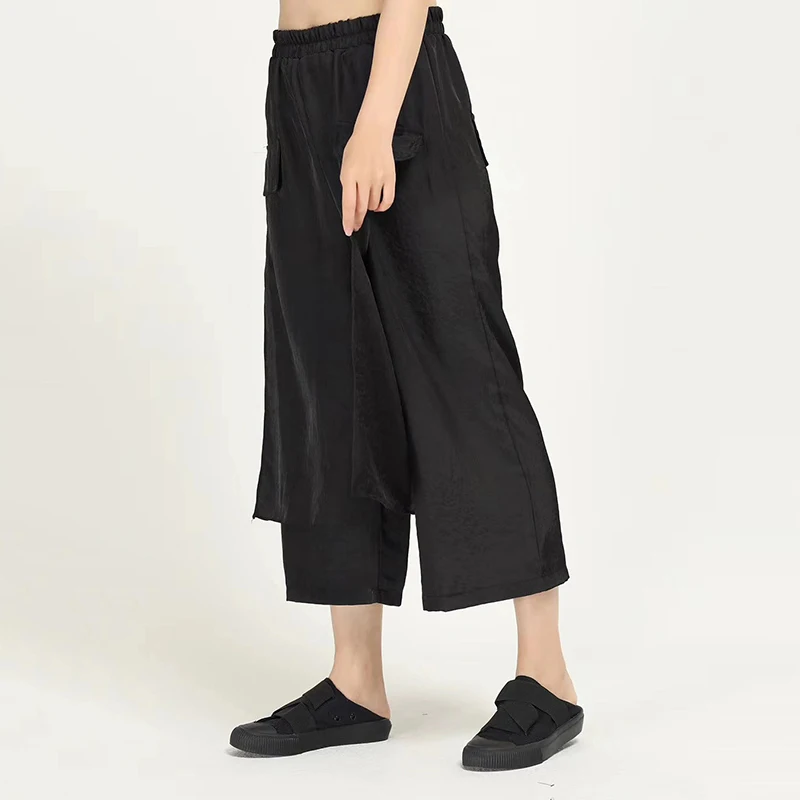 

CHICEVER Casual Gray Wide Leg Trousers For Women High Waist Loose Patchwork Pockets Calf Length Pants Female 2021 Spring Clothes