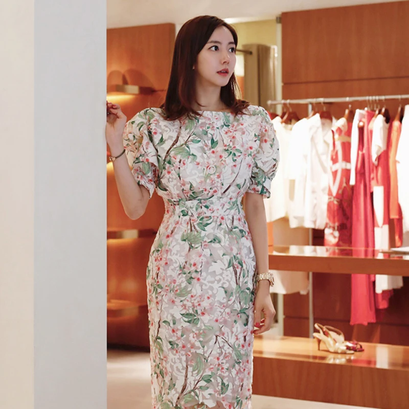 

Summer Women's Elegant Floral Dress Slim Waist Waist Puff Sleeves Vintage Midi Dress 2021 Fashion Robe Female Vestidos
