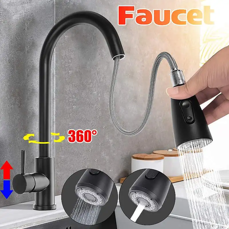 

2 Function Faucet Single Hole Pull Out Spout Kitchen Sink 360° Swivel Tap Stream Sprayer Head Black Hot&Cold Mixer Tap For Kit